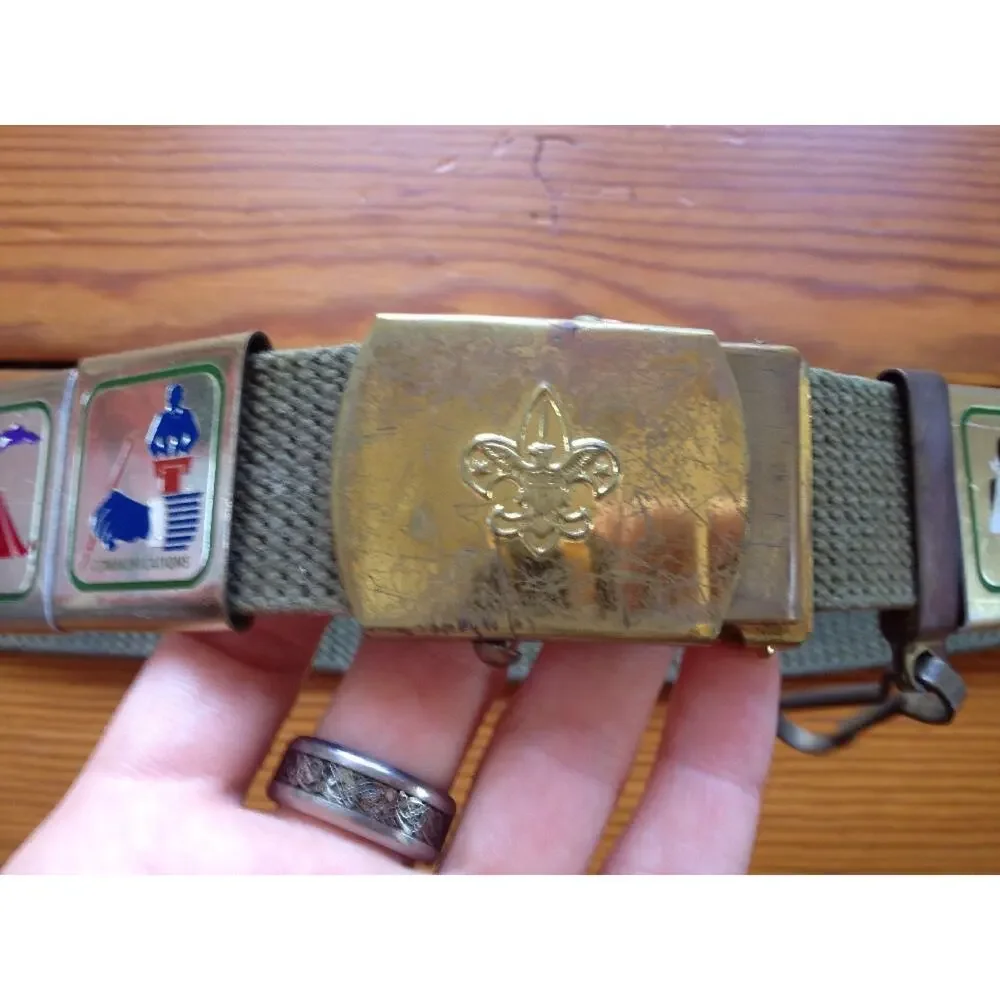 Vintage Cub Scout Belt with 8 Activity Badges Slides Brass Buckle 28